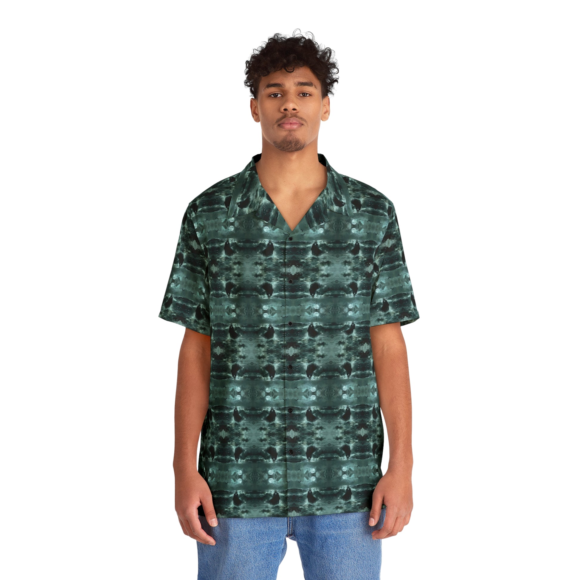 "Surfside Dracula" men’s Hawaiian shirt with vampire in the ocean graphic in monster aloha pattern; front view; on model.
