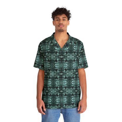 "Surfside Dracula" men’s Hawaiian shirt with vampire in the ocean graphic in monster aloha pattern; front view; on model.
