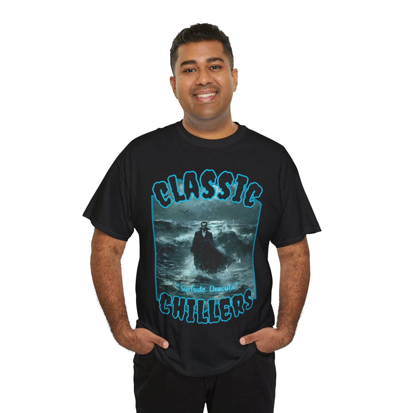 "Surfside Dracula" black t-shirt with vampire in the ocean graphic and classic chillers logo; front view; on model.
