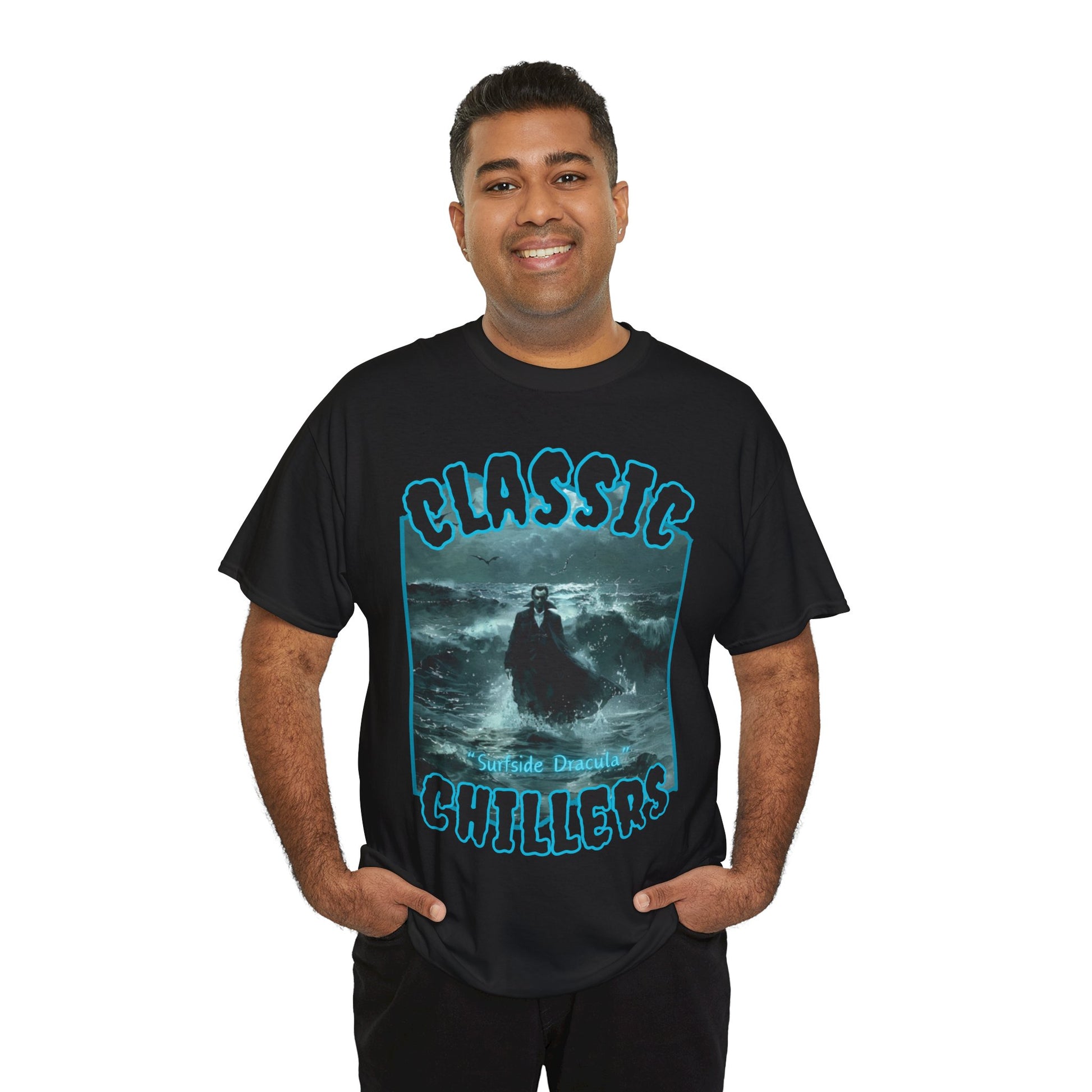 "Surfside Dracula" black t-shirt with vampire in the ocean graphic and classic chillers logo; front view; on model.
