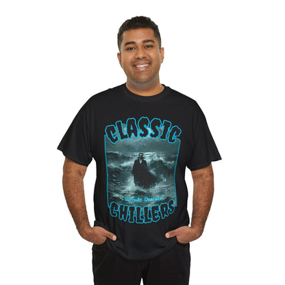 "Surfside Dracula" black t-shirt with vampire in the ocean graphic and classic chillers logo; front view; on model.
