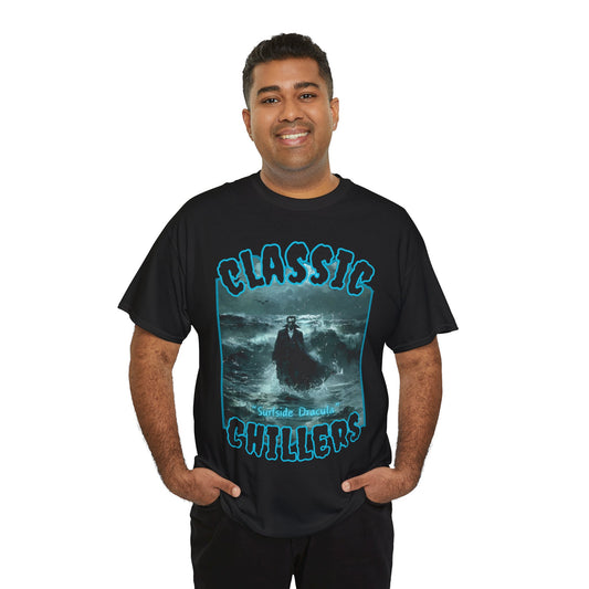 "Surfside Dracula" black t-shirt with vampire in the ocean graphic and classic chillers logo; front view; on model.
