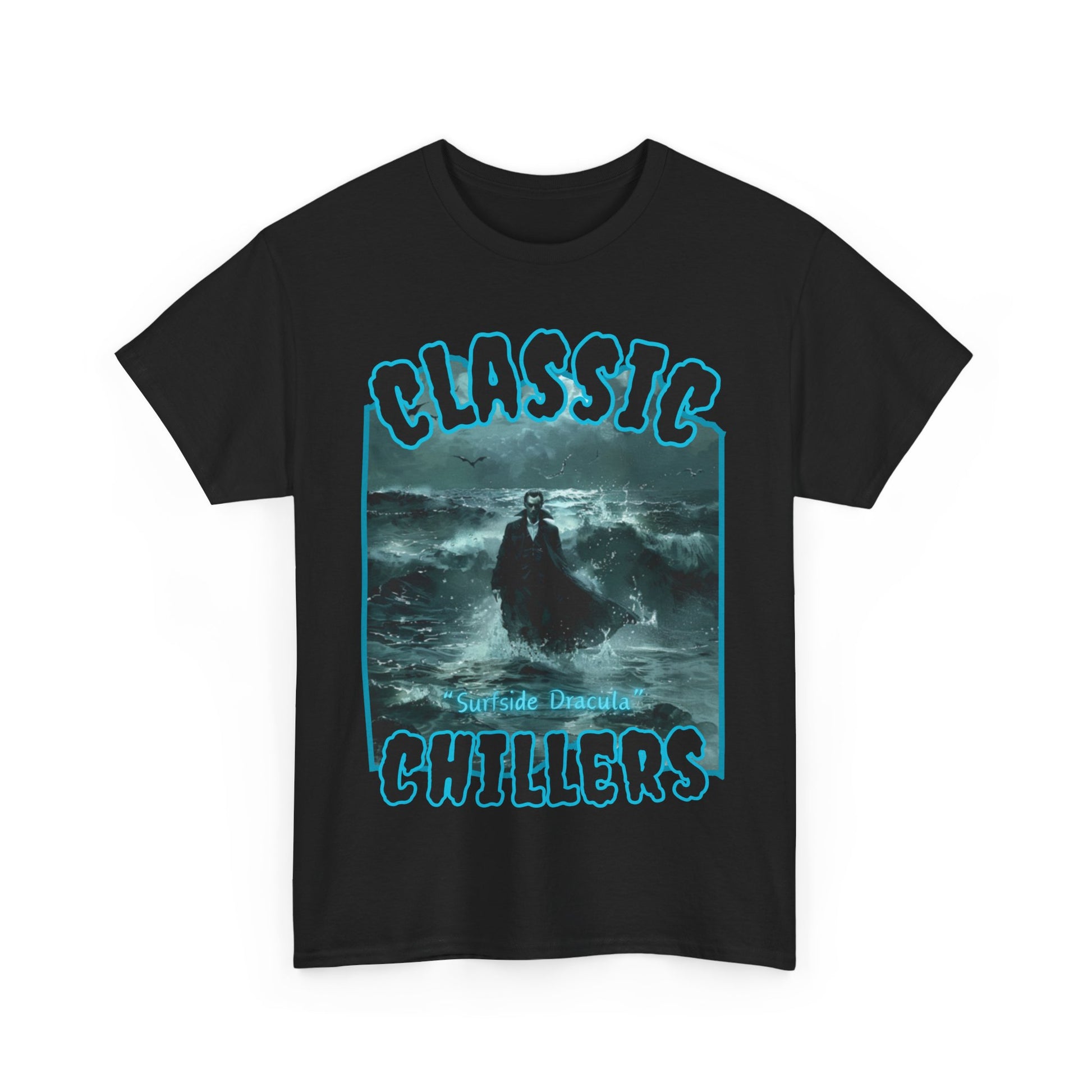"Surfside Dracula" black t-shirt with vampire in the ocean graphic and classic chillers logo; front view; flat lay.
