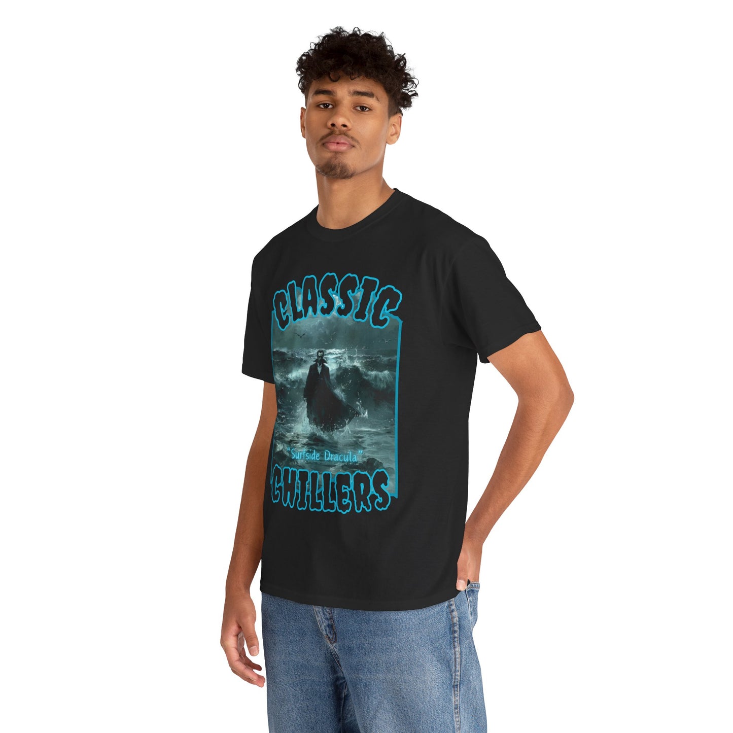 "Surfside Dracula" black t-shirt with vampire in the ocean graphic and classic chillers logo; three-quarter view; on model.
