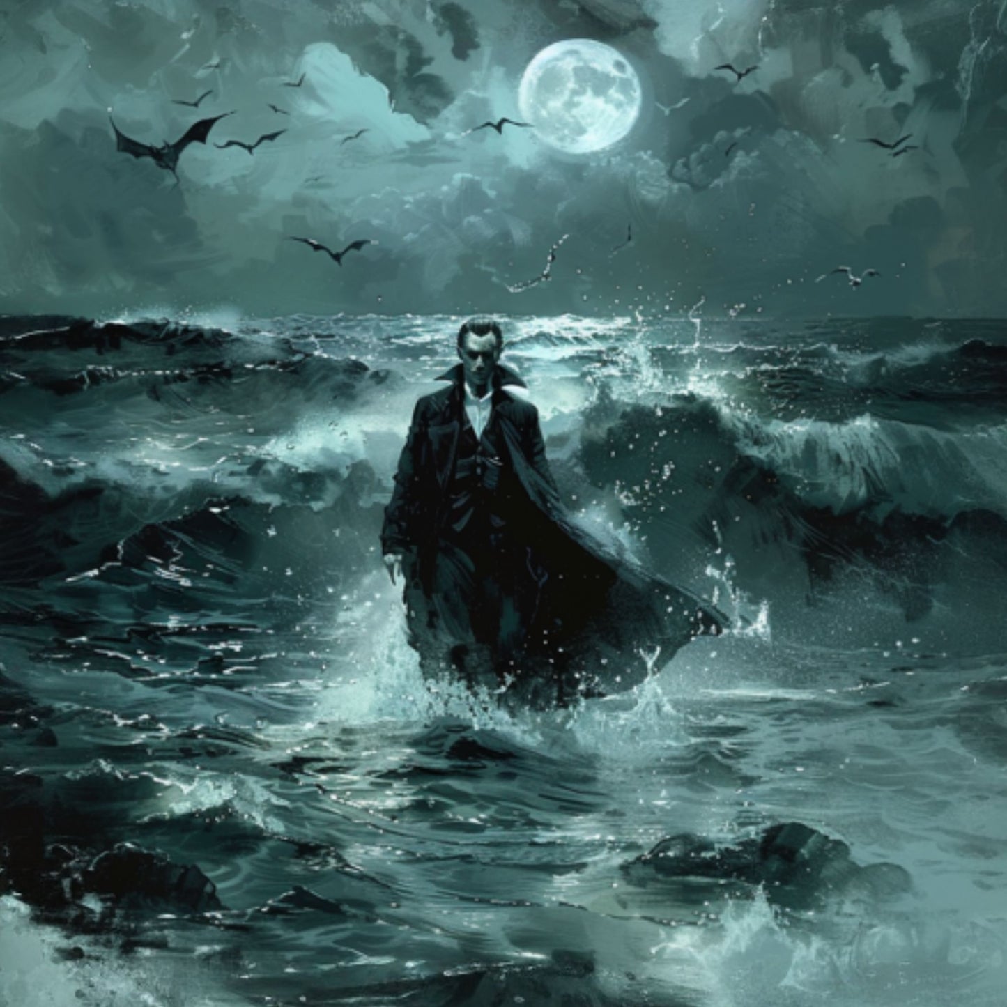 "Surfside Dracula" Vampire walking to shore through the midnight waves with full moon and bats in the sky.
