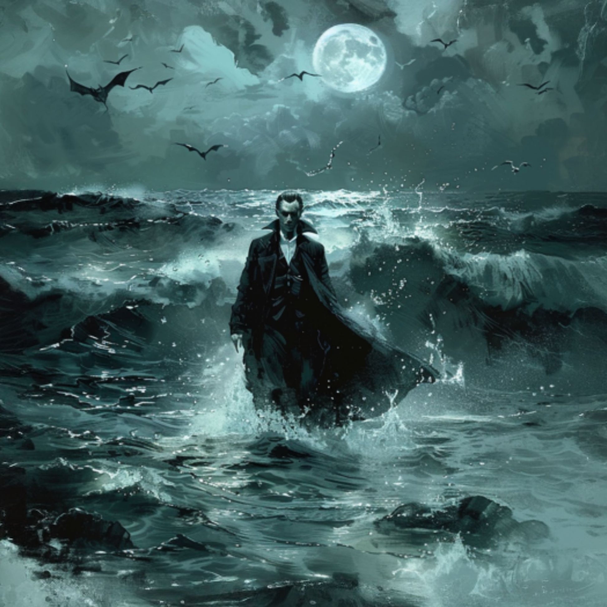 "Surfside Dracula" Vampire walking to shore through the midnight waves with full moon and bats in the sky.
