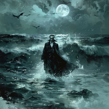 "Surfside Dracula" Vampire walking to shore through the midnight waves with full moon and bats in the sky.