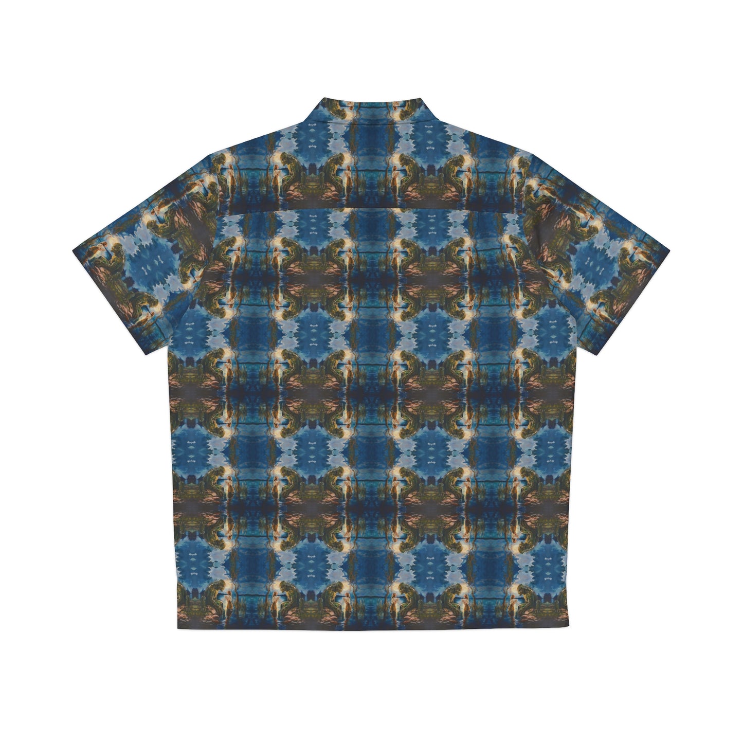 "Swamp Creature" men's Hawaiian shirt with marsh horror with girl graphic in monster aloha pattern; back view; flat lay.