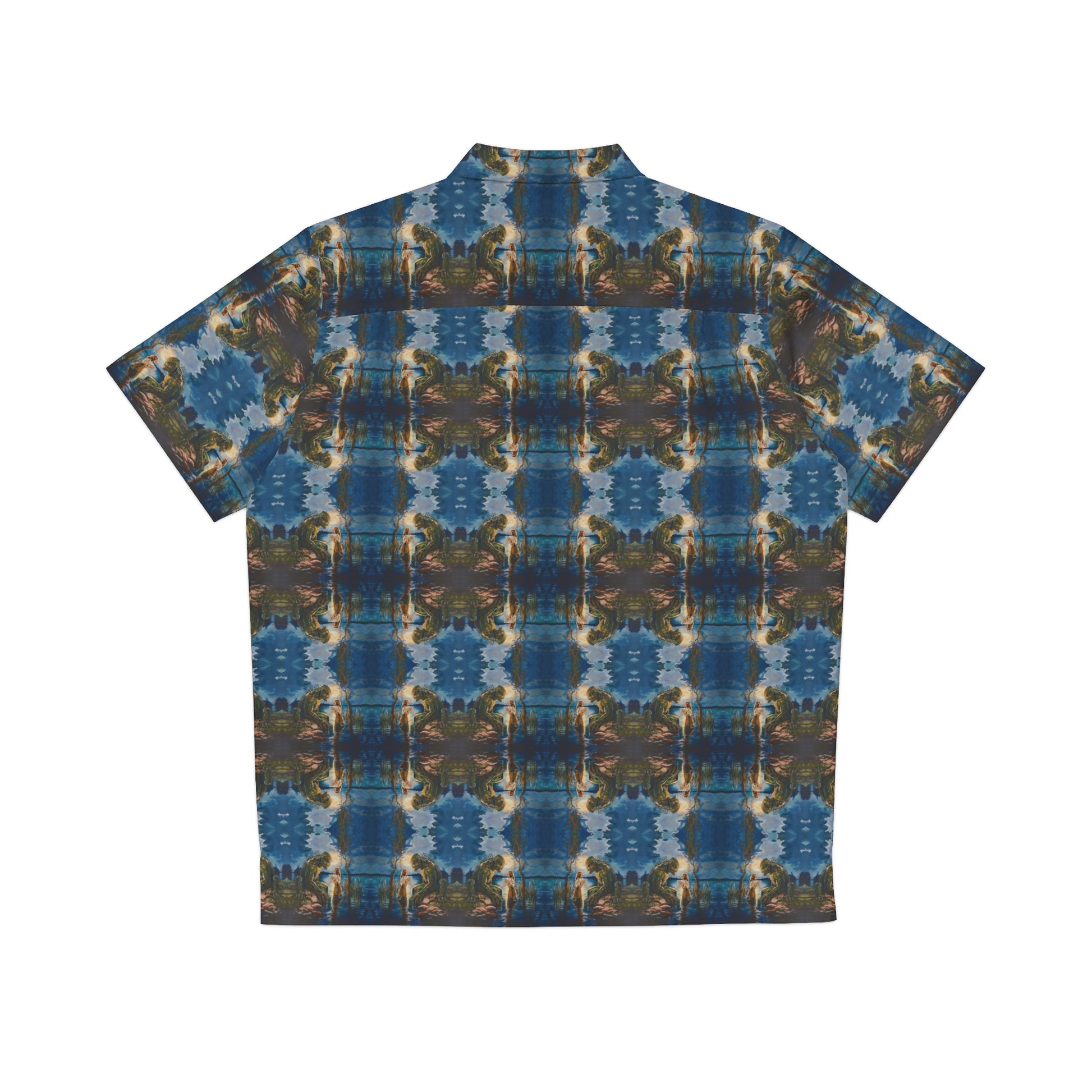 "Swamp Creature" men's Hawaiian shirt with marsh horror with girl graphic in monster aloha pattern; back view; flat lay.