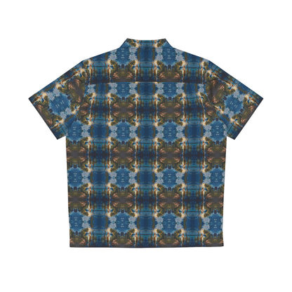 "Swamp Creature" men's Hawaiian shirt with marsh horror with girl graphic in monster aloha pattern; back view; flat lay.