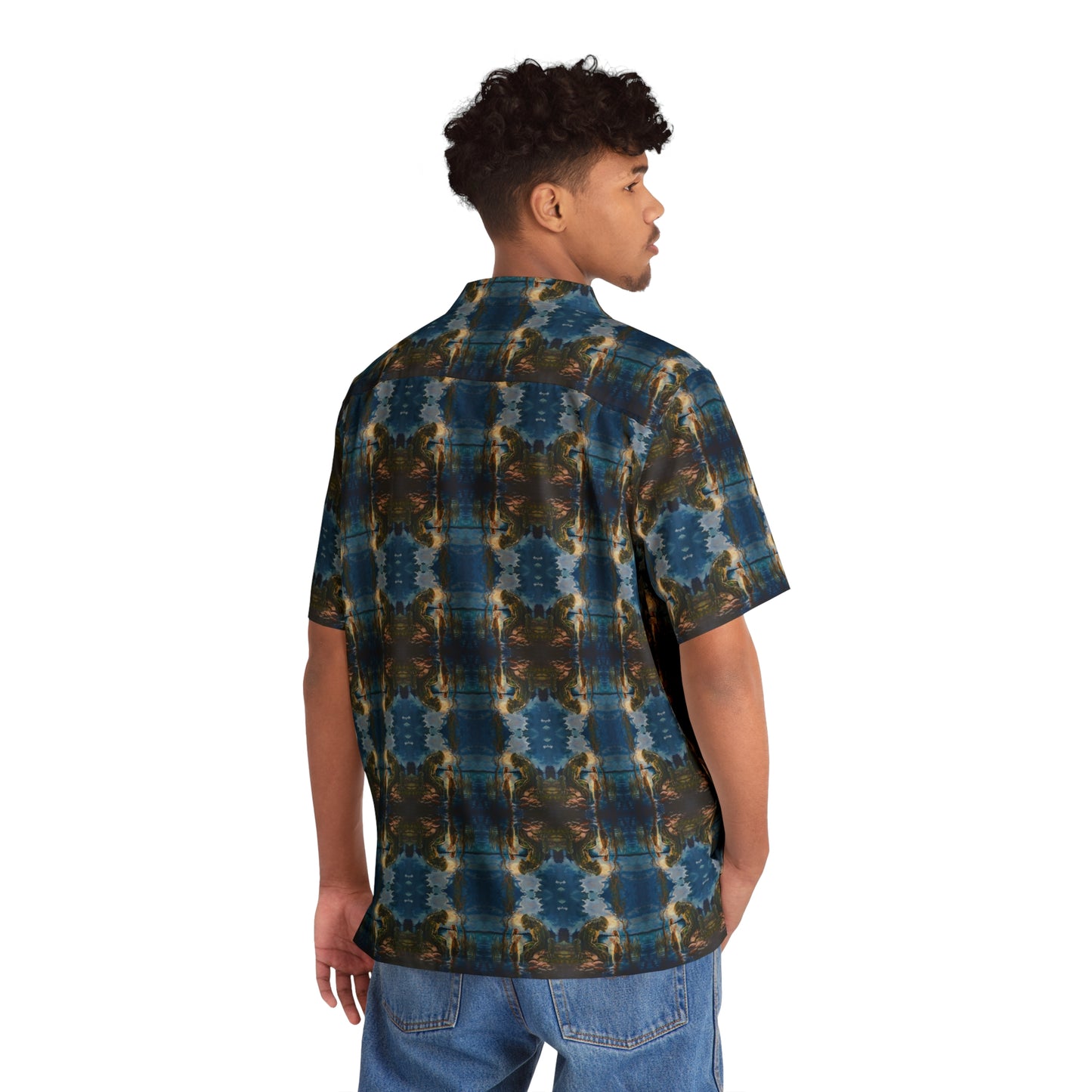 "Swamp Creature" men's Hawaiian shirt with marsh horror with girl graphic in monster aloha pattern; back view; on model.