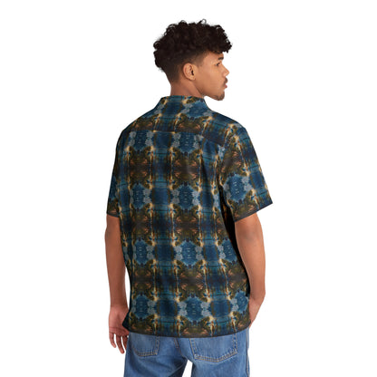 "Swamp Creature" men's Hawaiian shirt with marsh horror with girl graphic in monster aloha pattern; back view; on model.