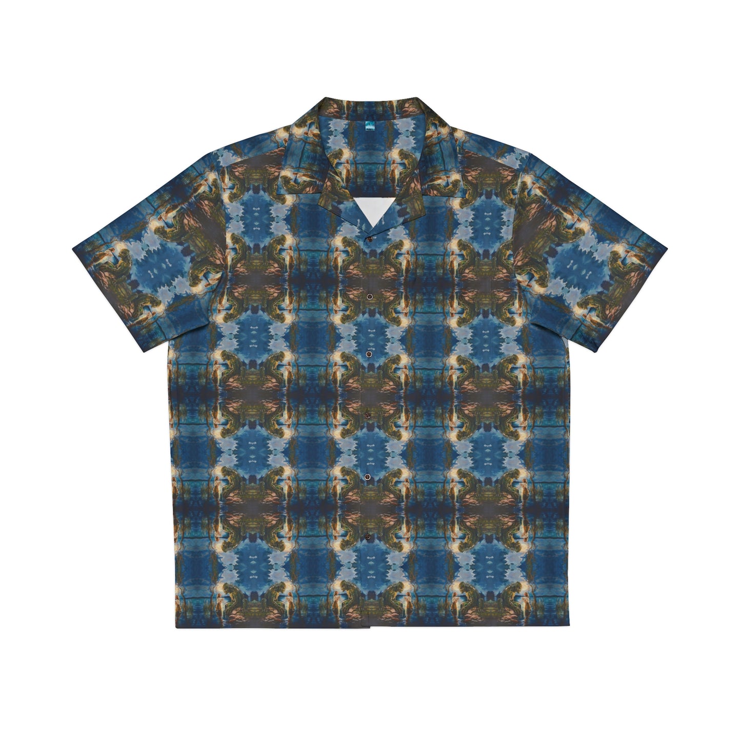 "Swamp Creature" men's Hawaiian shirt with marsh horror with girl graphic in monster aloha pattern; front view; flat lay.

