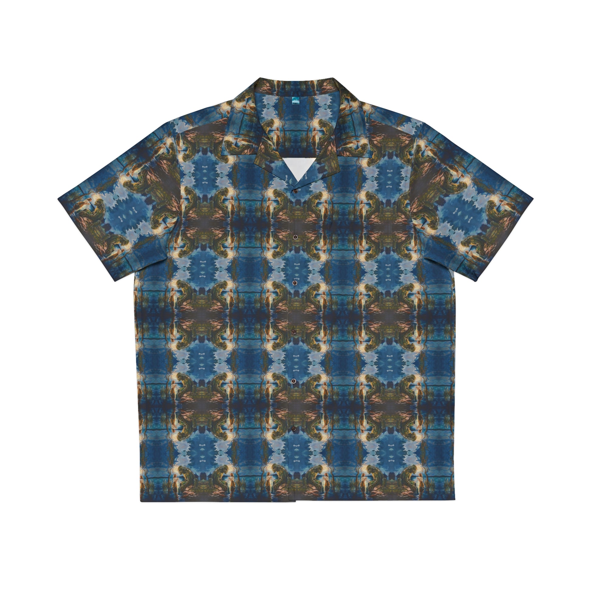 "Swamp Creature" men's Hawaiian shirt with marsh horror with girl graphic in monster aloha pattern; front view; flat lay.
