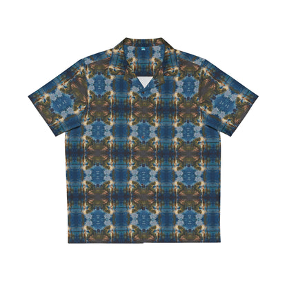"Swamp Creature" men's Hawaiian shirt with marsh horror with girl graphic in monster aloha pattern; front view; flat lay.

