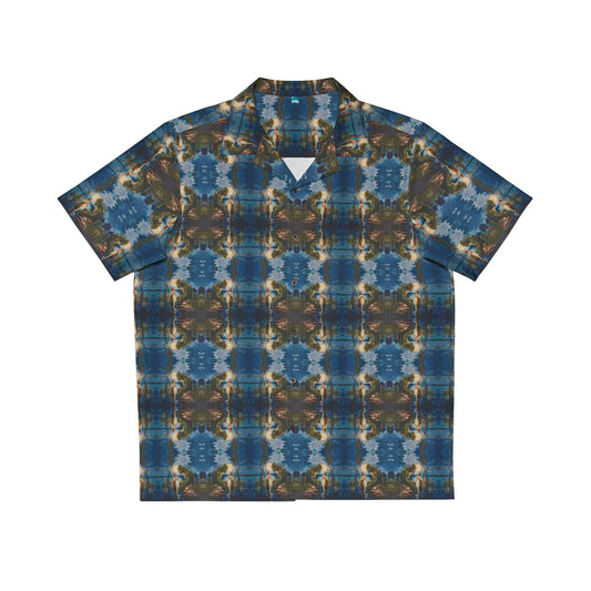 "Swamp Creature" men's Hawaiian shirt with marsh horror with girl graphic in monster aloha pattern; front view; flat lay.
