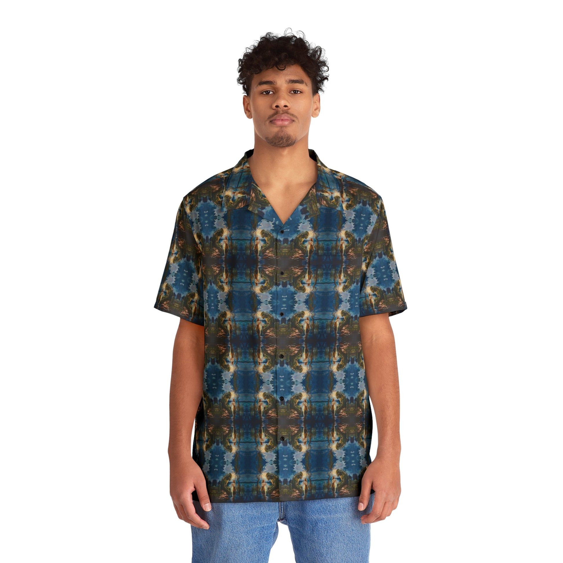"Swamp Creature" men’s Hawaiian shirt with marsh horror with girl graphic in monster aloha pattern; front view; on model.
