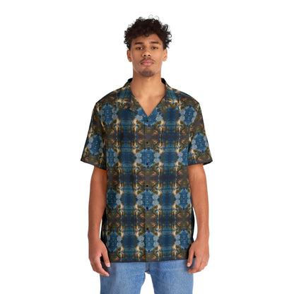 "Swamp Creature" men’s Hawaiian shirt with marsh horror with girl graphic in monster aloha pattern; front view; on model.

