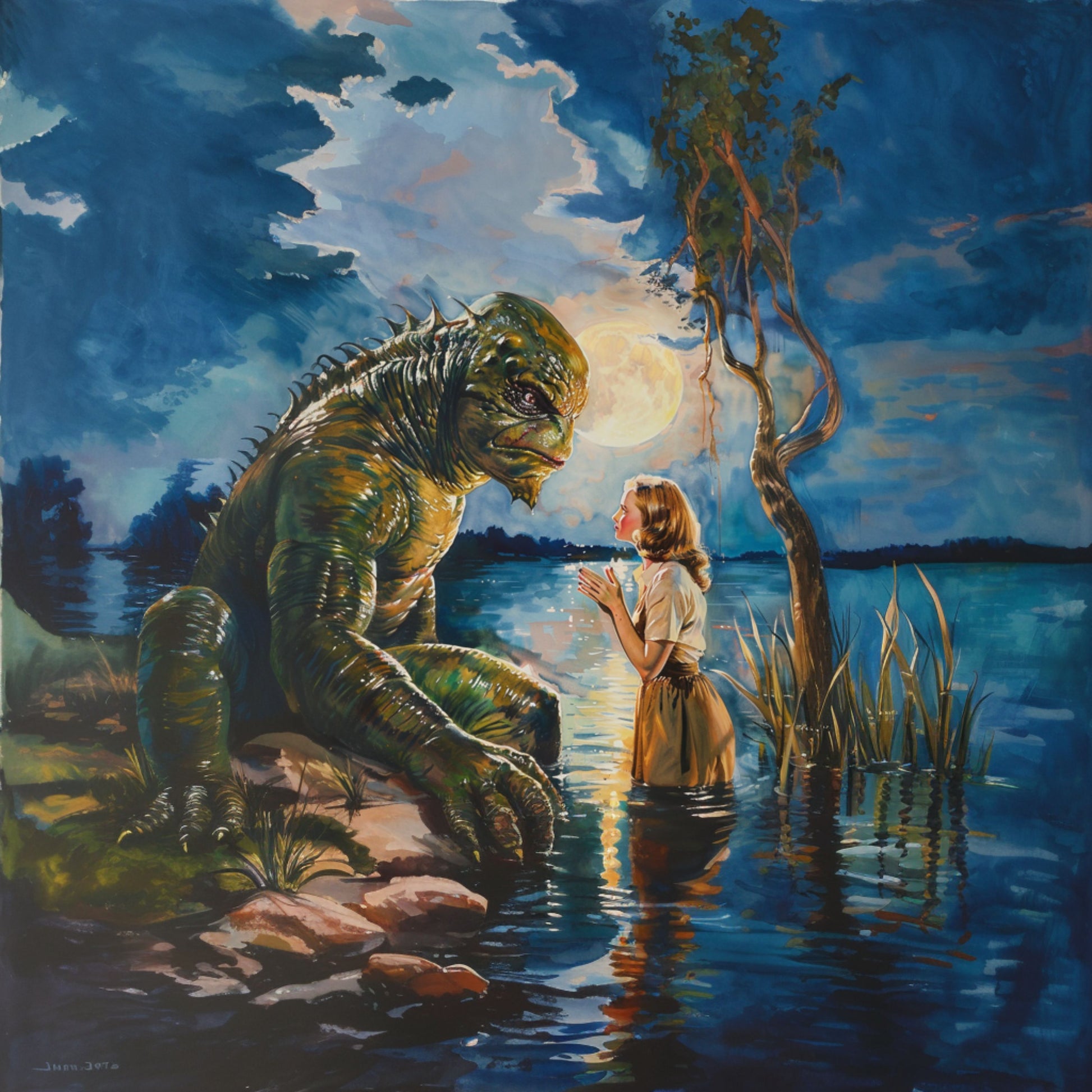 "Swamp Creature" a marsh horror with girl in the water.