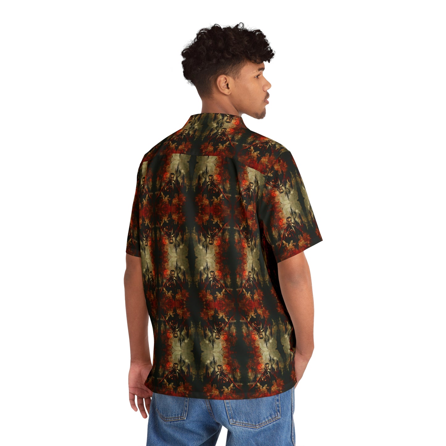 "The Call of Dracula" men's Hawaiian shirt with vampire and castle graphic in monster aloha pattern; back view; on model.
