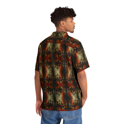 "The Call of Dracula" men's Hawaiian shirt with vampire and castle graphic in monster aloha pattern; back view; on model.

