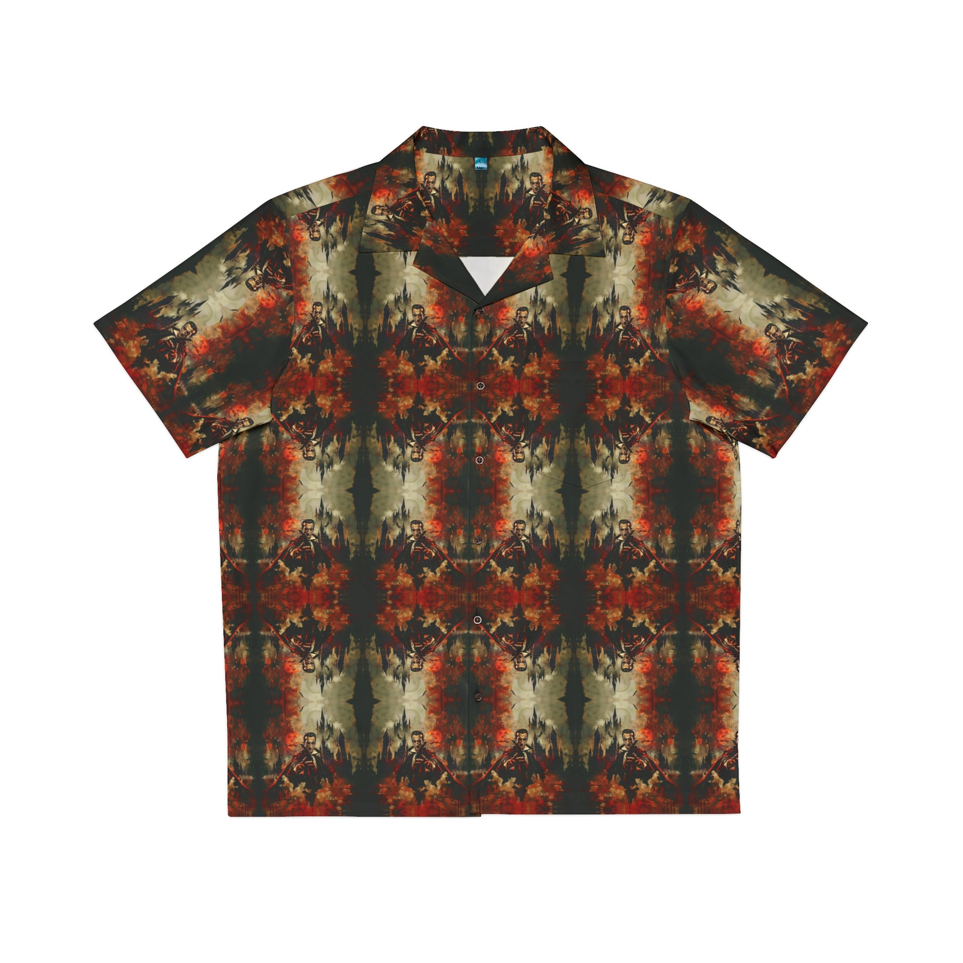 "The Call of Dracula" men's Hawaiian shirt with vampire and castle graphic in monster aloha pattern; front view; flat lay.
