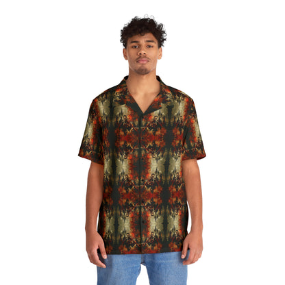 "The Call of Dracula" men’s Hawaiian shirt with vampire and castle graphic in monster aloha pattern; front view; on model.
