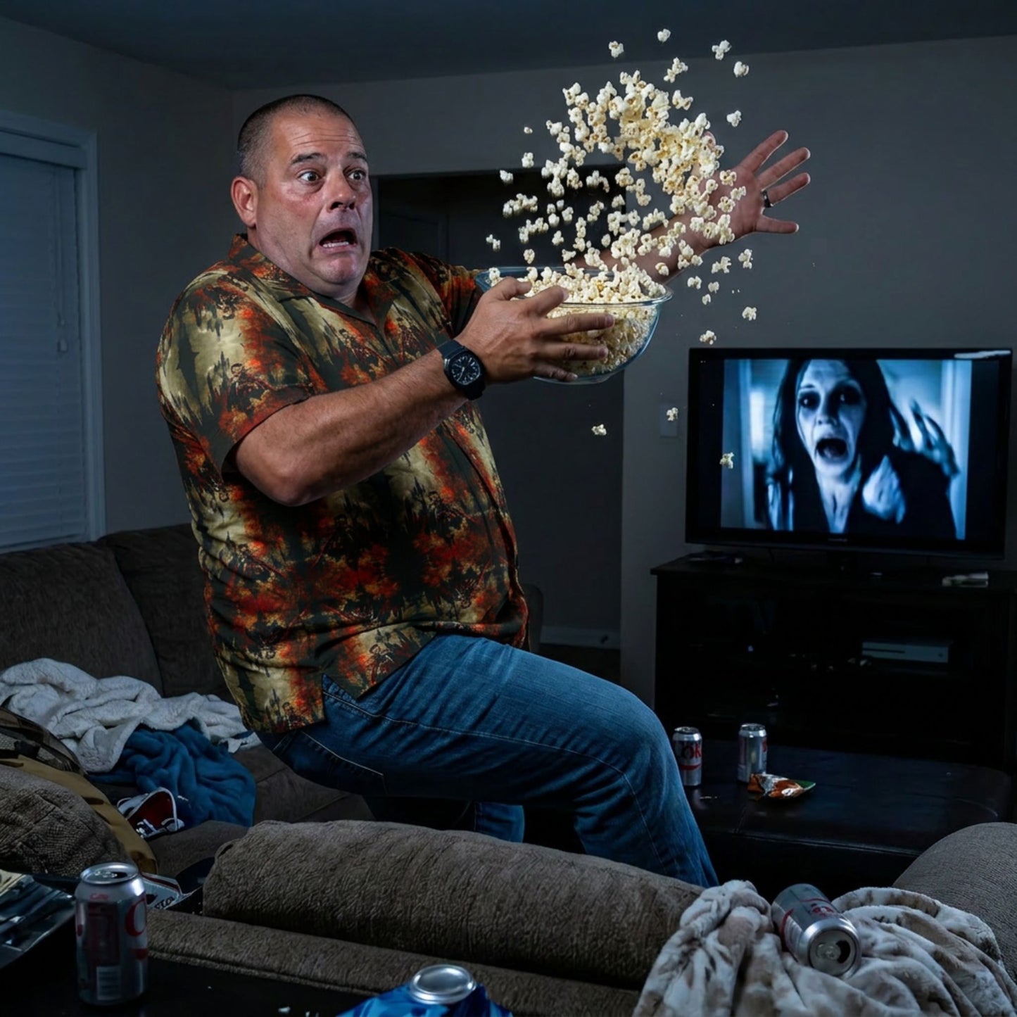 "The Call of Dracula" men’s Hawaiian shirt with vampire and castle graphic in monster aloha pattern;three-quarter view; on model startled in a living room throws popcorn into the air with  a TV showing a horror movie
