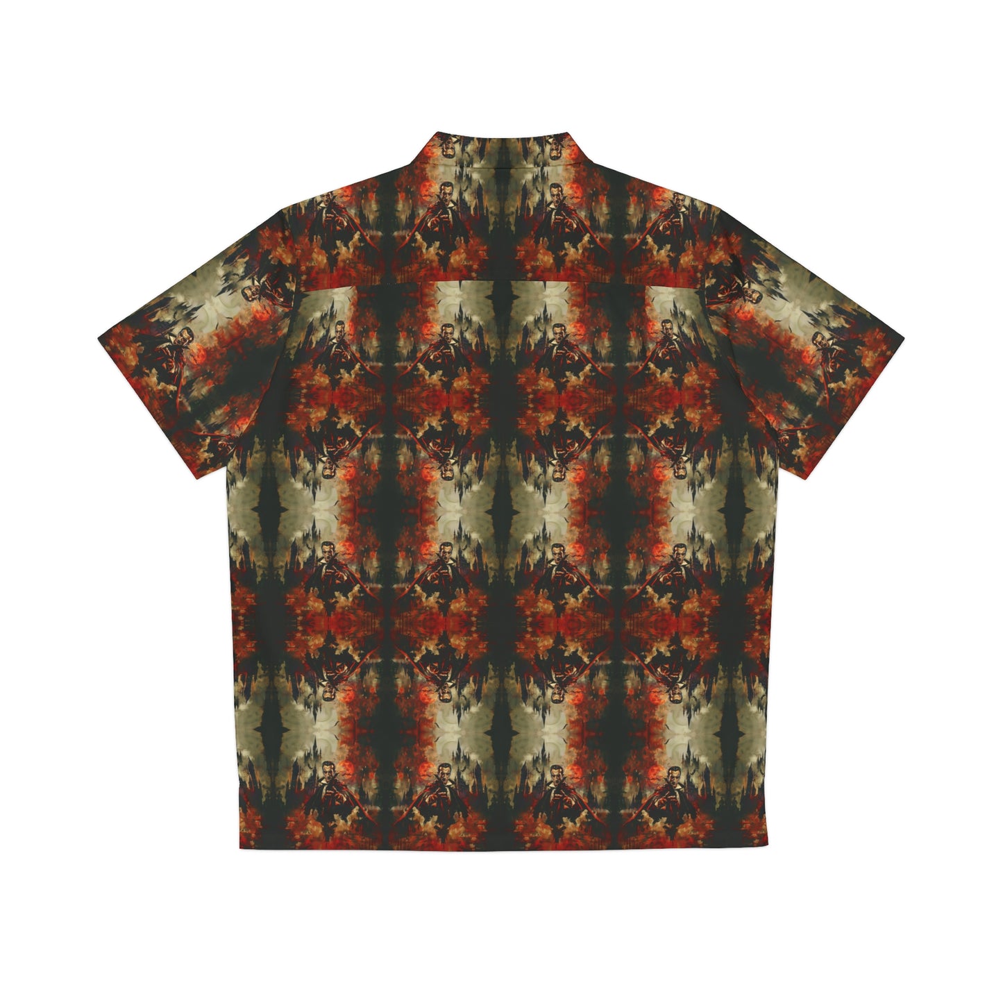 "The Call of Dracula" men's Hawaiian shirt with vampire and castle graphic in monster aloha pattern; back view; flat lay.
