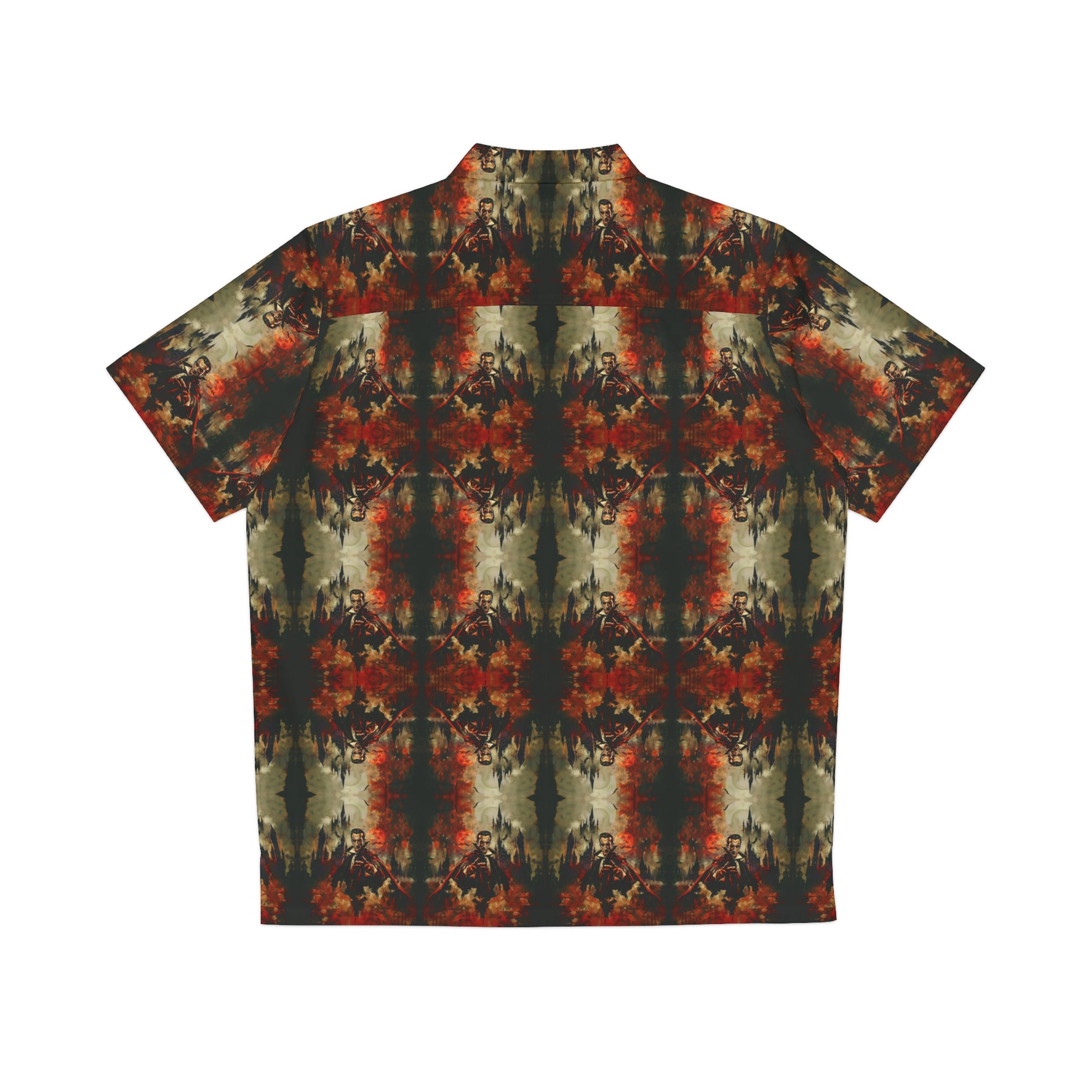 "The Call of Dracula" men's Hawaiian shirt with vampire and castle graphic in monster aloha pattern; back view; flat lay.
