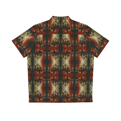 "The Call of Dracula" men's Hawaiian shirt with vampire and castle graphic in monster aloha pattern; back view; flat lay.
