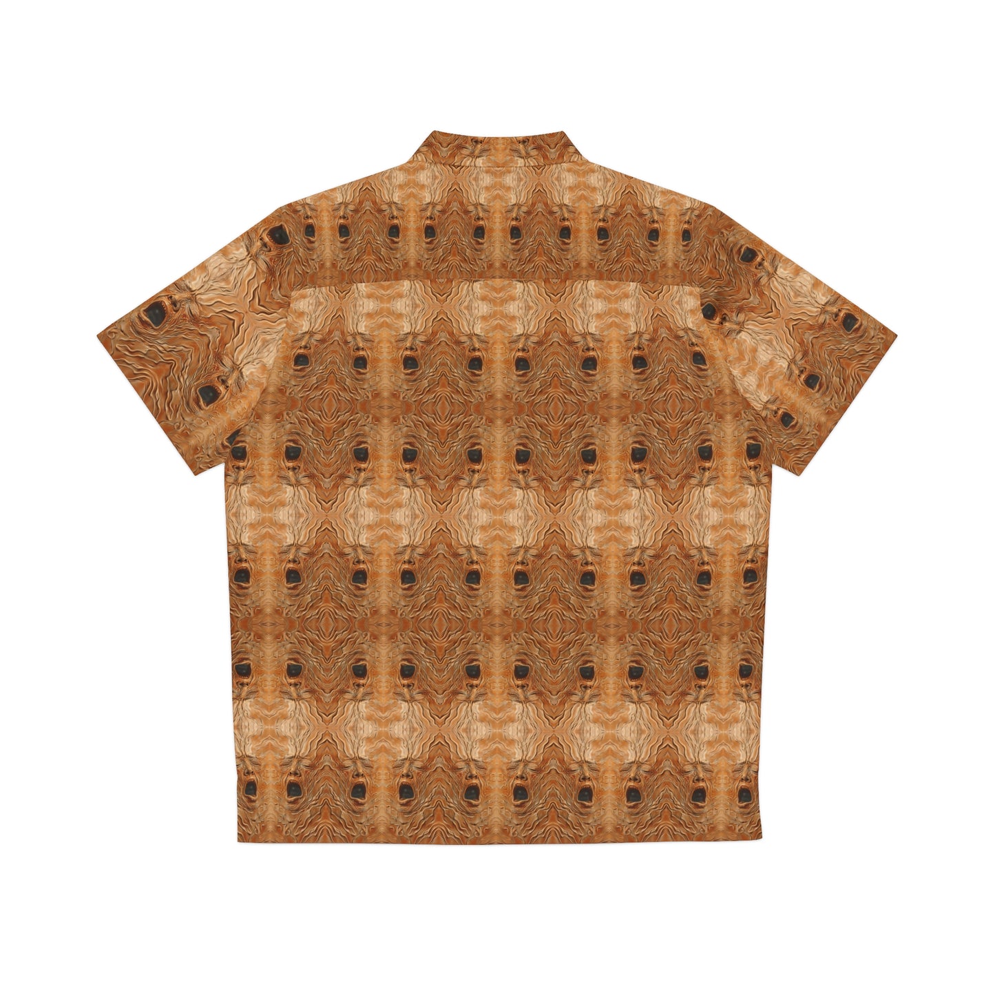 "The Necronomicon" men's Hawaiian shirt with tormented face graphic in monster aloha pattern; back view; flat lay.
