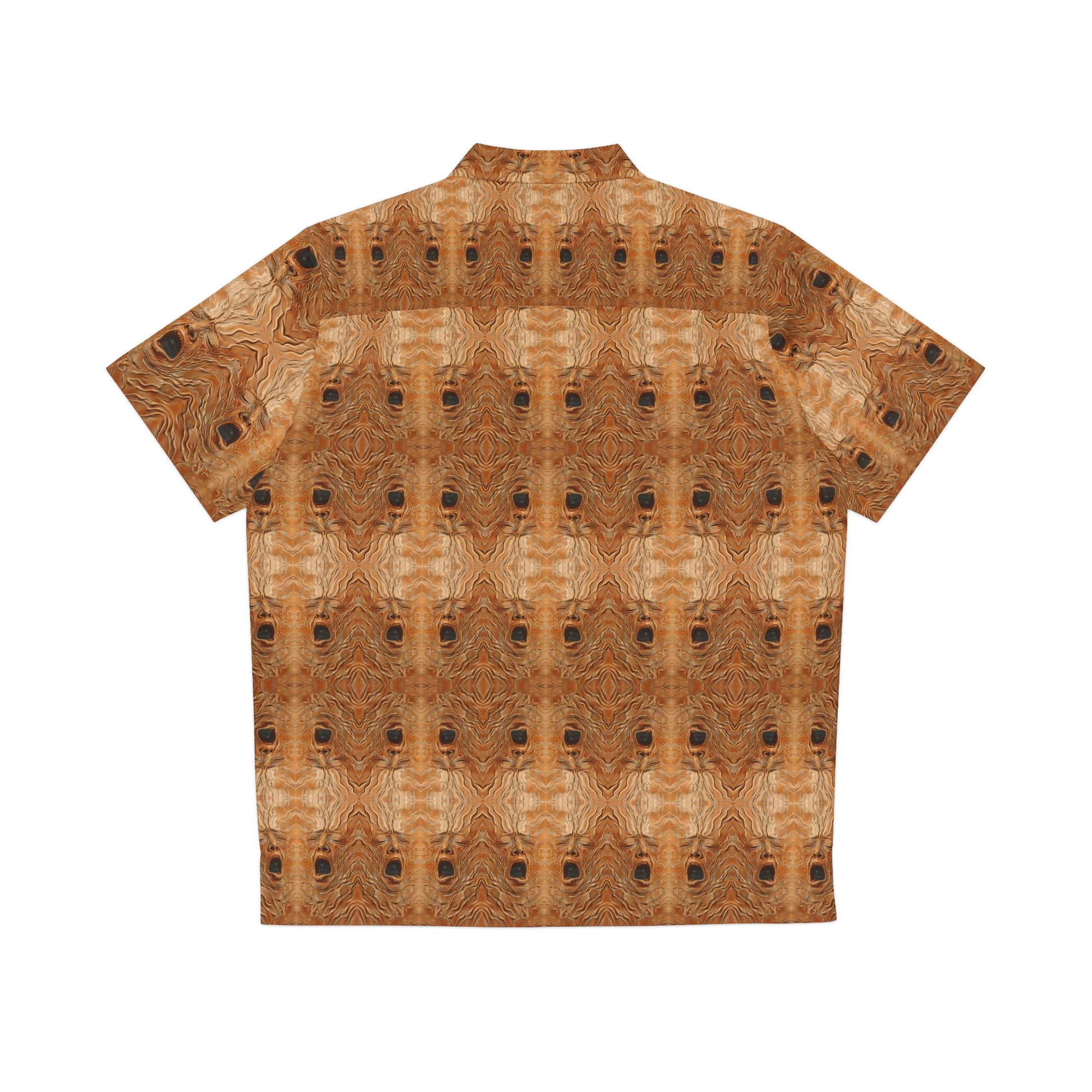 "The Necronomicon" men's Hawaiian shirt with tormented face graphic in monster aloha pattern; back view; flat lay.
