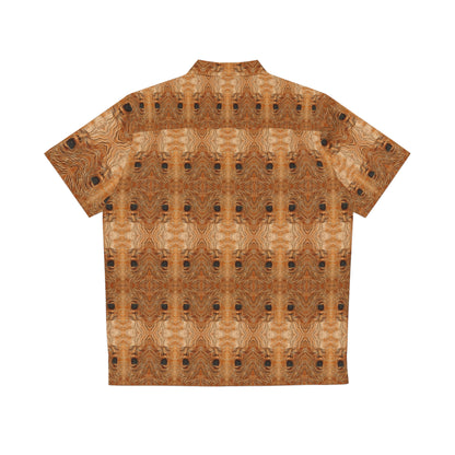 "The Necronomicon" men's Hawaiian shirt with tormented face graphic in monster aloha pattern; back view; flat lay.
