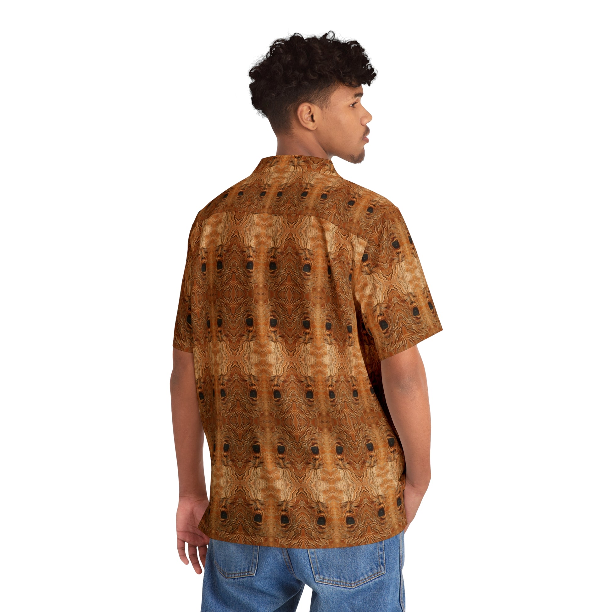 "The Necronomicon" men's Hawaiian shirt with tormented face graphic in monster aloha pattern; back view; on model.
