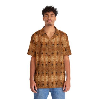 "The Necronomicon" men’s Hawaiian shirt with tormented face graphic in monster aloha pattern; front view; on model.
