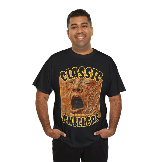 "The Necronomicon" black t-shirt with tormented face graphic and classic chillers logo; front view; on model.