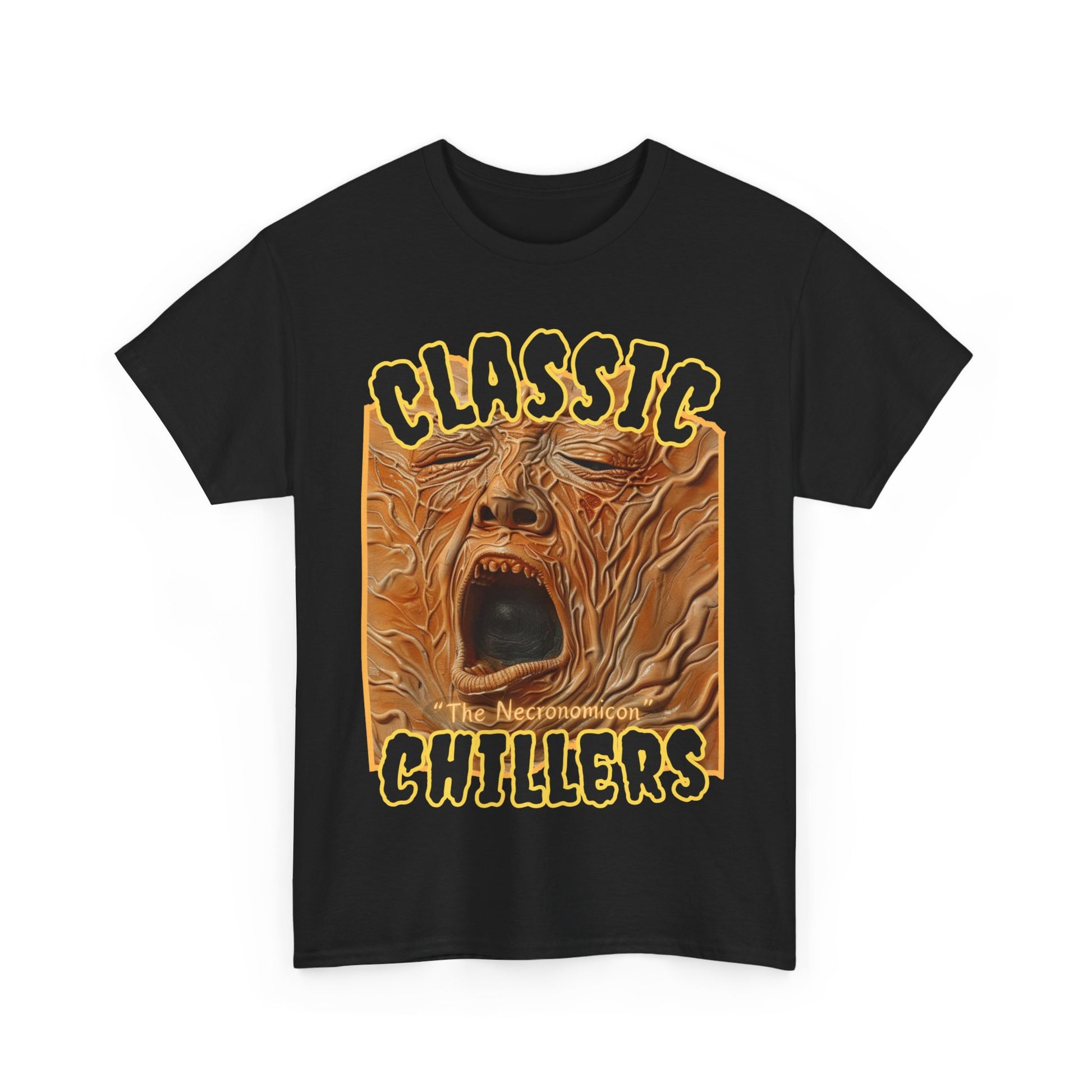 "The Necronomicon" black t-shirt with tormented face graphic and classic chillers logo; front view; flat lay.