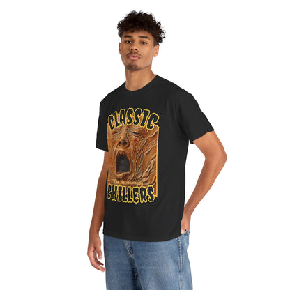 "The Necronomicon" black t-shirt with tormented face graphic and classic chillers logo; three-quarter view; on model.