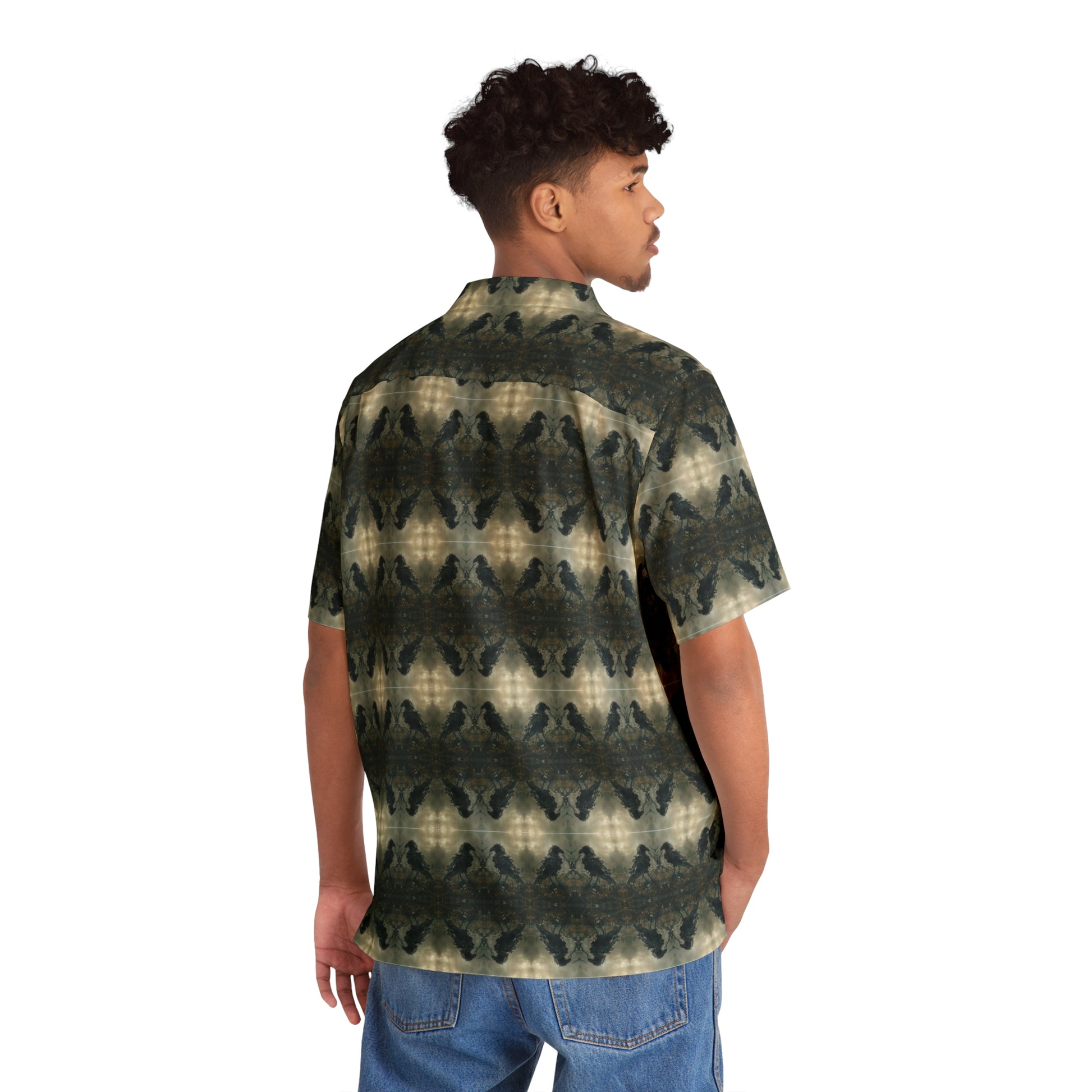 "The Raven" men's Hawaiian shirt with undead raven zombie graphic in monster aloha pattern; back view; on model.
