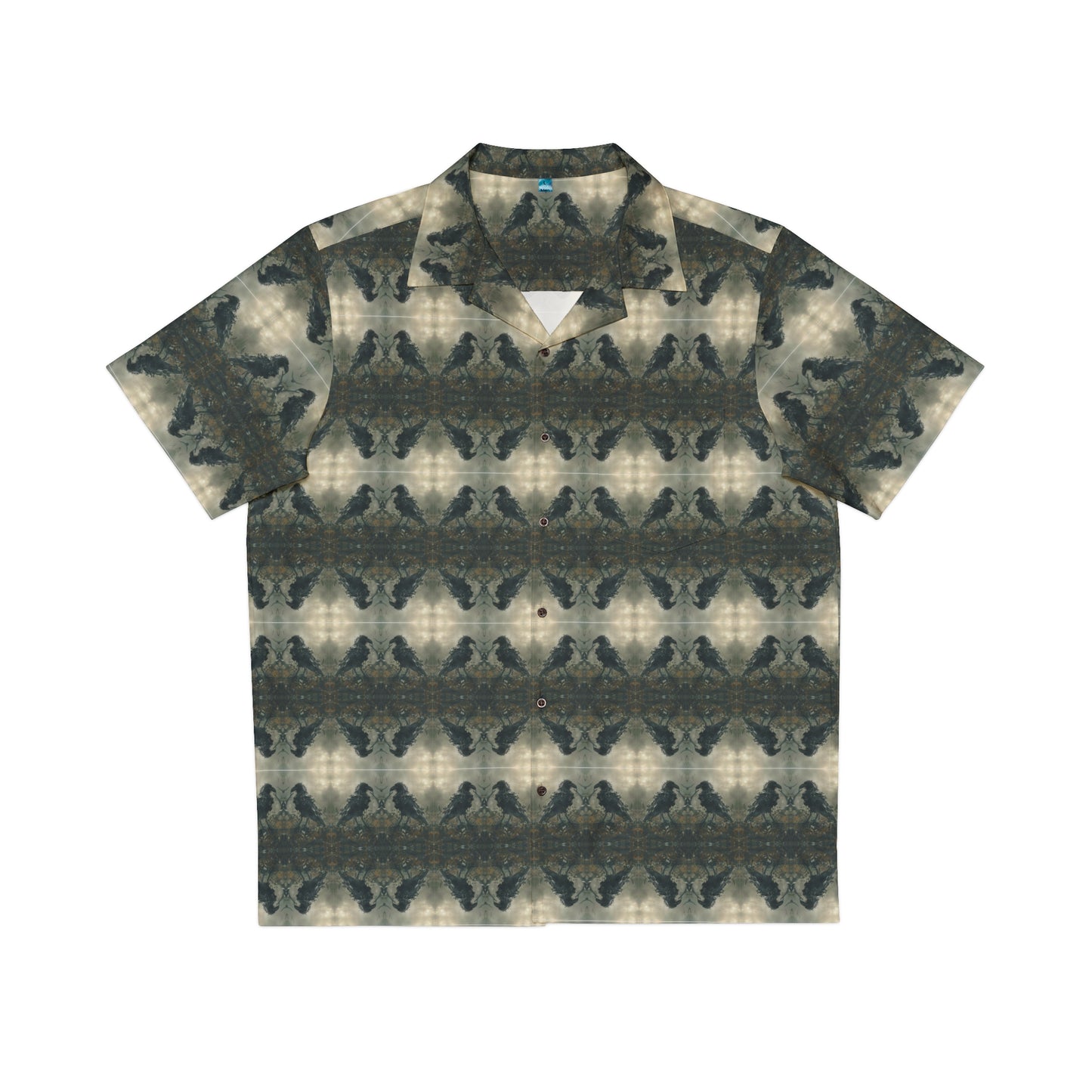 "The Raven" men's Hawaiian shirt with undead raven zombie graphic in monster aloha pattern; front view; flat lay.
