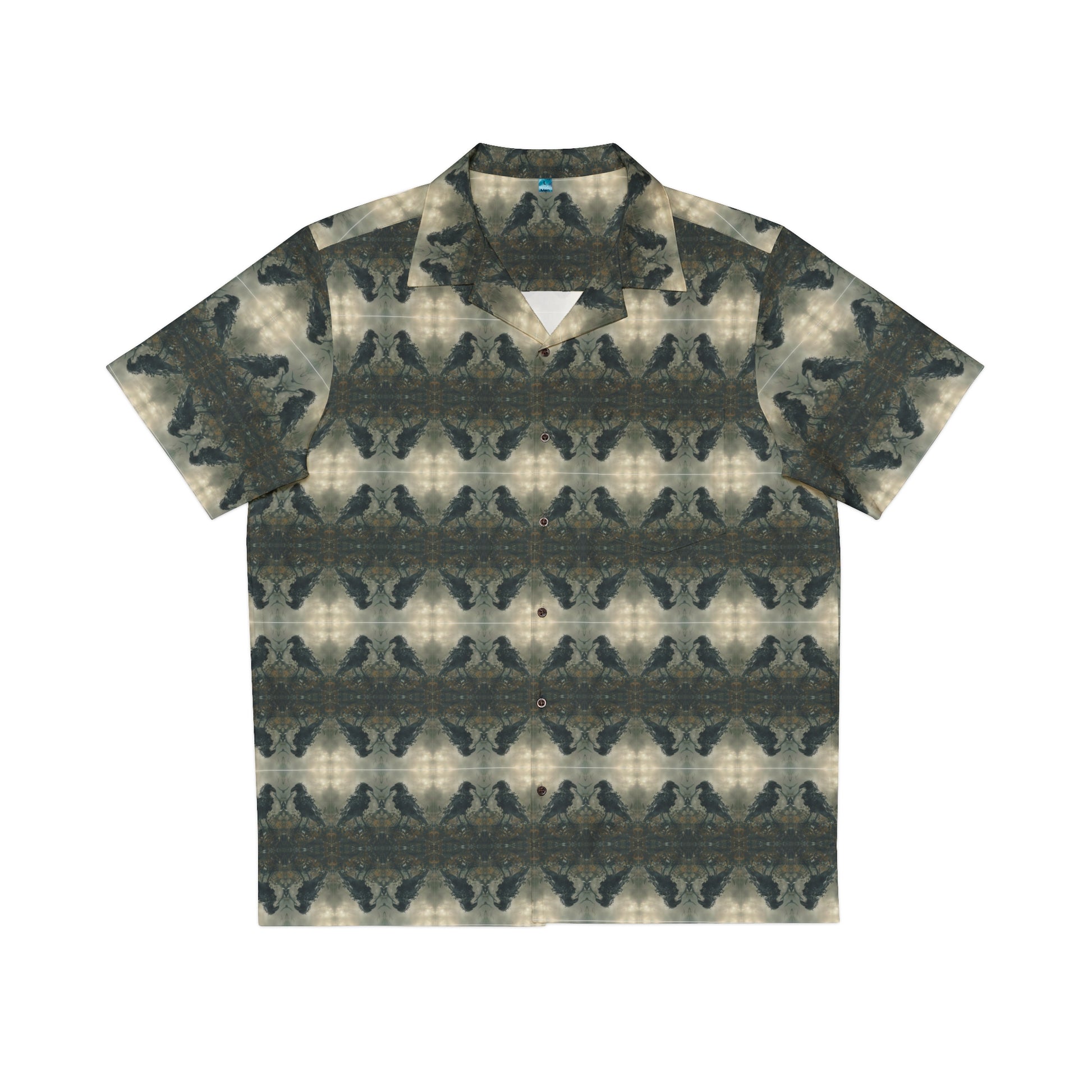 "The Raven" men's Hawaiian shirt with undead raven zombie graphic in monster aloha pattern; front view; flat lay.
