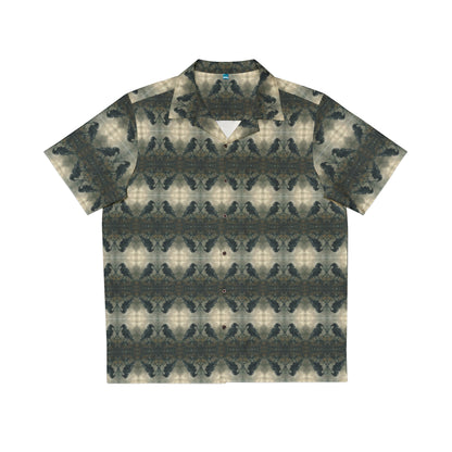 "The Raven" men's Hawaiian shirt with undead raven zombie graphic in monster aloha pattern; front view; flat lay.
