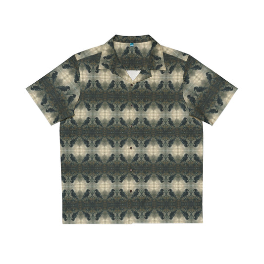 "The Raven" men's Hawaiian shirt with undead raven zombie graphic in monster aloha pattern; front view; flat lay.

