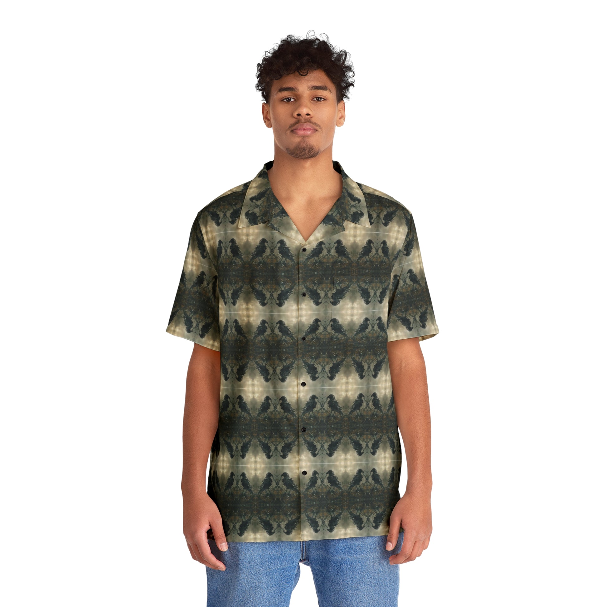 "The Raven" men’s Hawaiian shirt with undead raven zombie graphic in monster aloha pattern; front view; on model.
