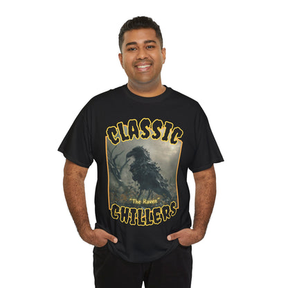 "The Raven" black t-shirt with undead raven zombie graphic and classic chillers logo; front view; on model.