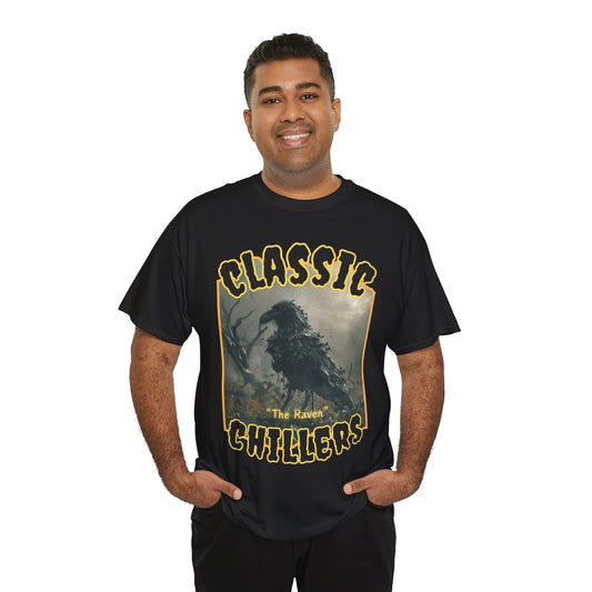 "The Raven" black t-shirt with undead raven zombie graphic and classic chillers logo; front view; on model.