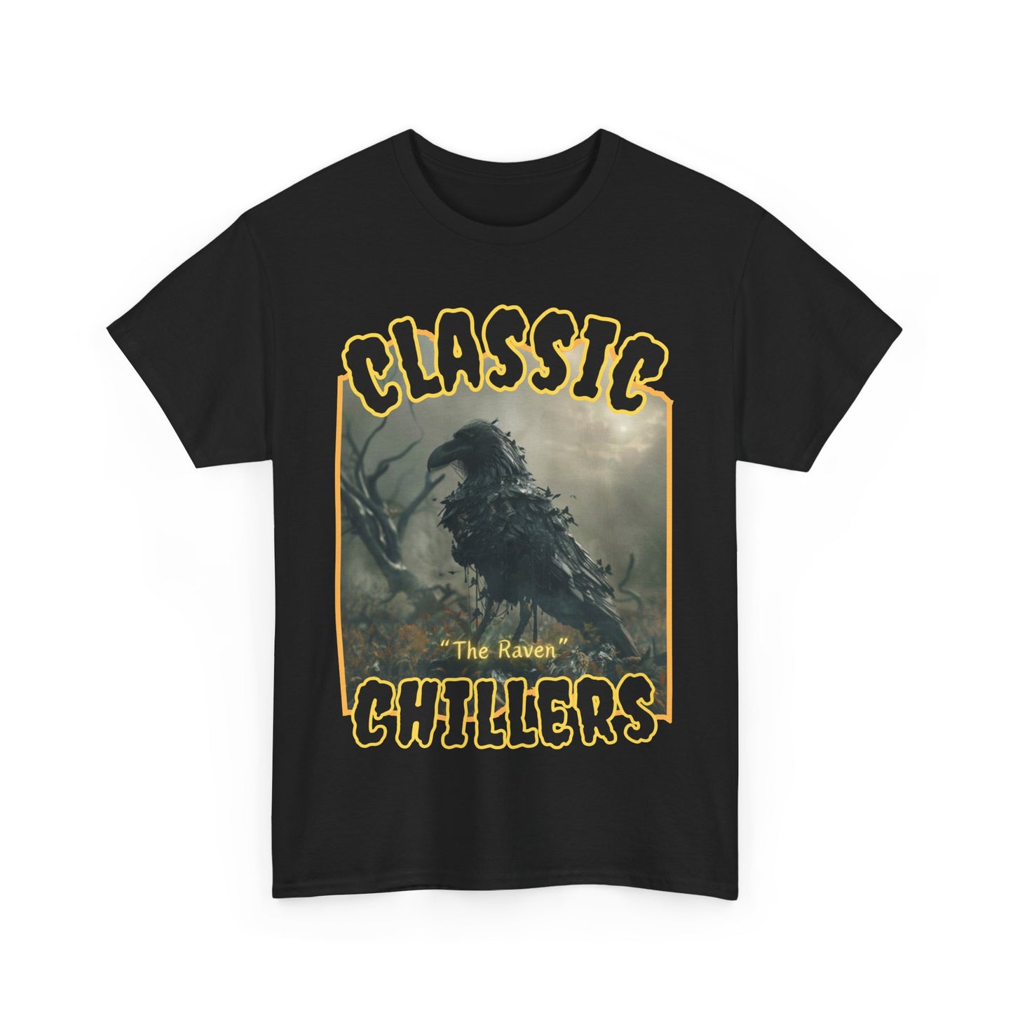 "The Raven" black t-shirt with undead raven zombie graphic and classic chillers logo; front view; flat lay.