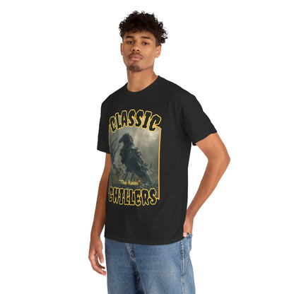 "The Raven" black t-shirt with undead raven zombie graphic and classic chillers logo; three-quarter view; on model.