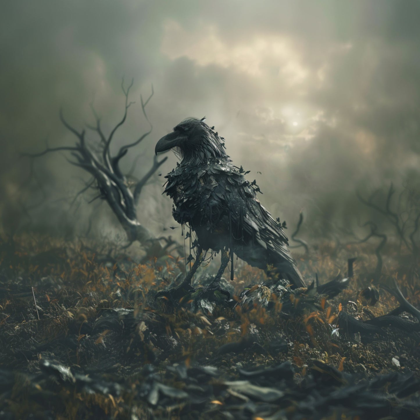"The Raven" undead raven zombie standing in the decay of an old garden